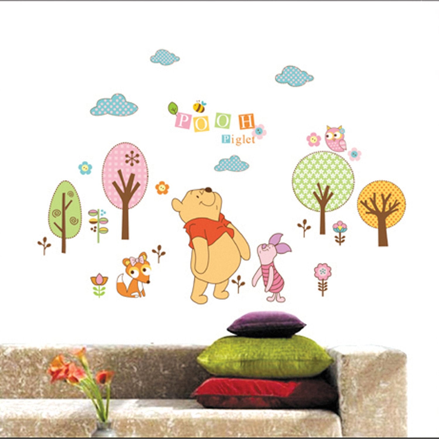 Jungle Theme Pooh Bear, Piglet, Cat and Owl Artistic Decal Wall Sticker for Kids Room abc 1021 60x90cm