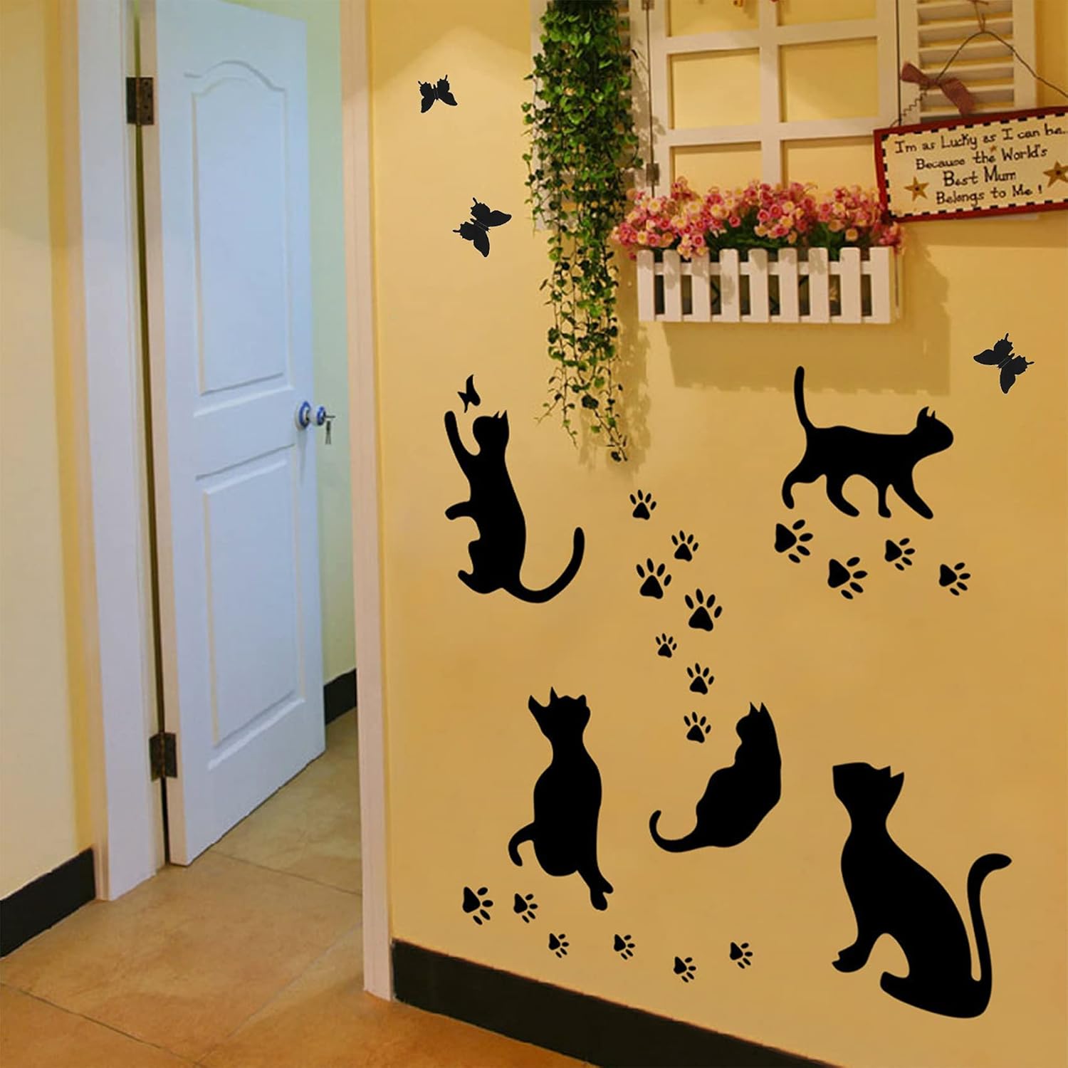 5 Pcs Black Cat Stickers Paw Patrol Party Wall Decal Butterfly Wall Decor, Removable Art Vinyl Door Decal Wallpaper for Family Bedroom Living Room Home Decorations size  30x60cm Nc1041