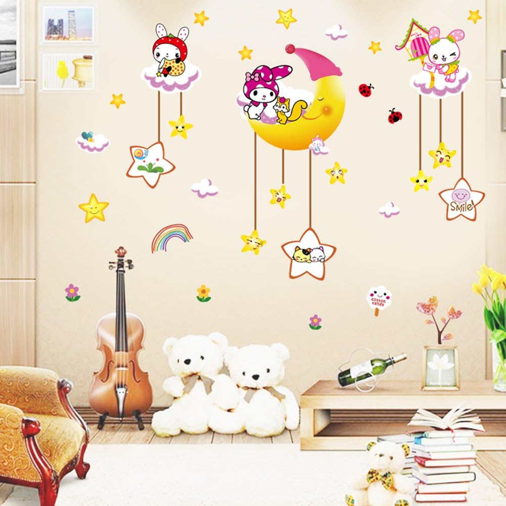 Wallpark Cute Smiling Star Moon Cartoon Rabbit Removable Wall Sticker Decal, Children Kids Baby Home Room Nursery DIY Decorative Adhesive Art Wall Mural size(60x90) xl8073