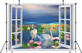 10x8ft Fabric Summer Lotus Lake Window Backdrop Picturesque Swan Lake Lotus Pond Scenery Background Home Wall Decor Photoshoot Studio Props size 50x70 sk7019b