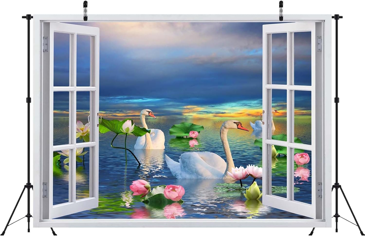 10x8ft Fabric Summer Lotus Lake Window Backdrop Picturesque Swan Lake Lotus Pond Scenery Background Home Wall Decor Photoshoot Studio Props size 50x70 sk7019b