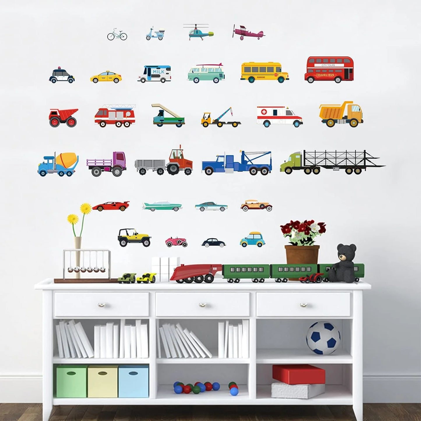 decalmile Cars Wall Stickers Transports Kids Room Wall Decor Peel and Stick Wall Decals for Boys Children's Room Nursery Bedroom Classroom size 60x90 Dm01791