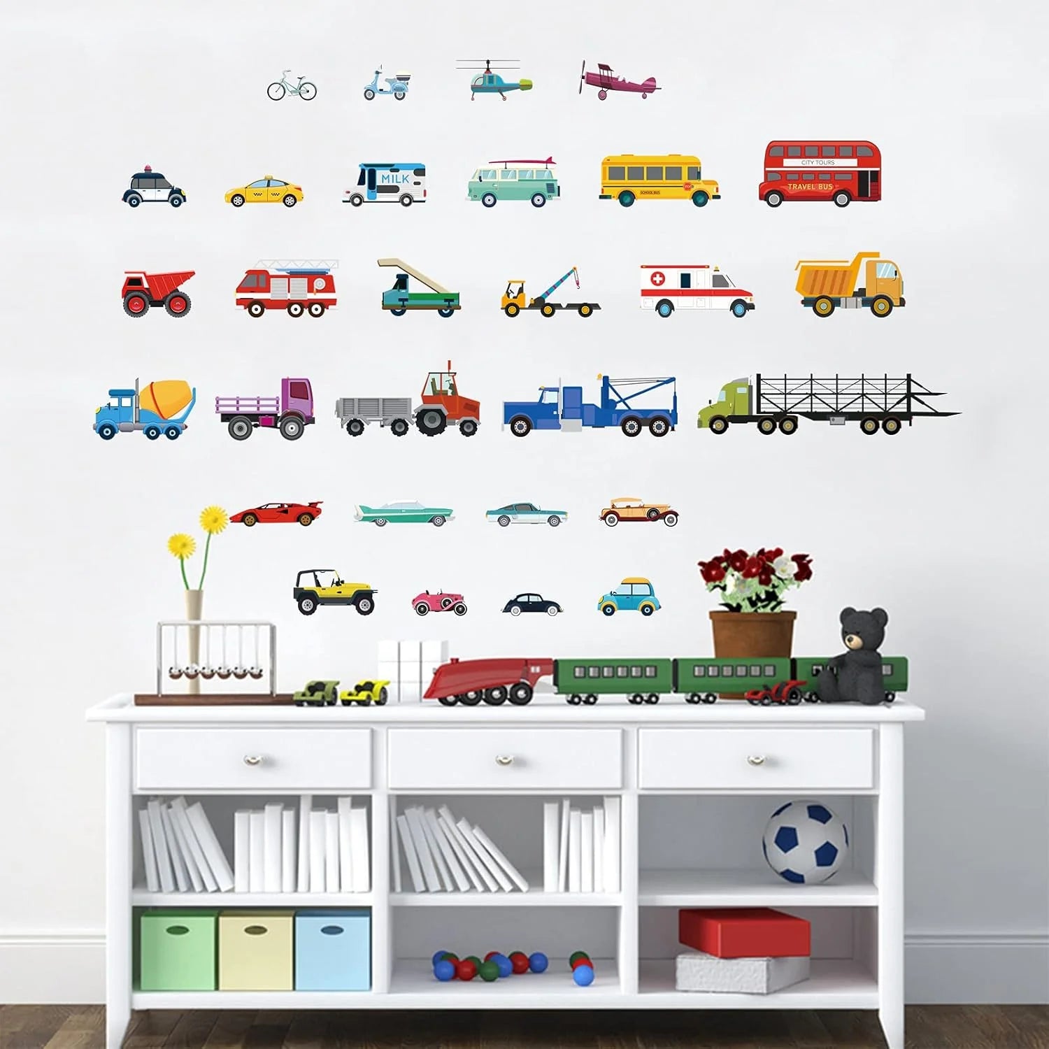 decalmile Cars Wall Stickers Transports Kids Room Wall Decor Peel and Stick Wall Decals for Boys Children's Room Nursery Bedroom Classroom size 60x90 Dm01791
