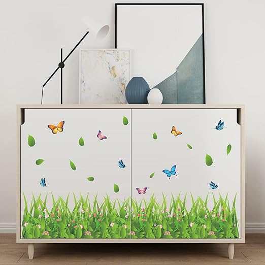 XL7180 Supzone Green Grass Wall Corner Decals Flower Butterfly Baseboard Skirting Line Wall Art Sticker for Bedroom Living Room Kitchen Wall Decor Home Decoration
