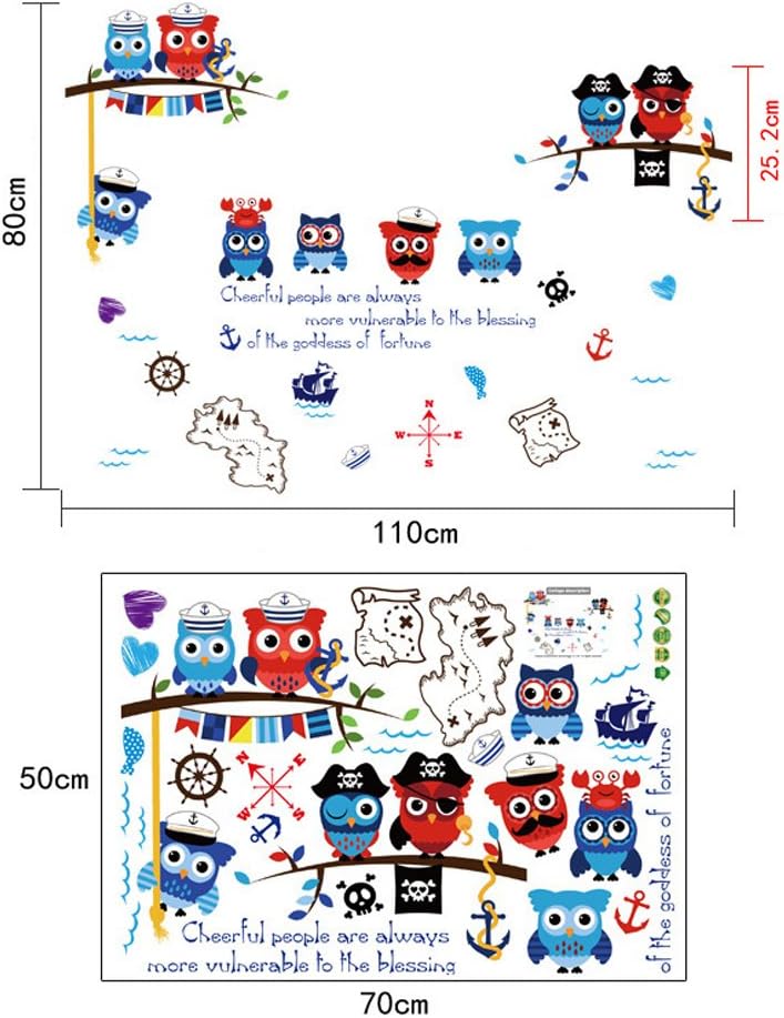 Wallpark Cartoon Cute Pirate Owl Sea Sailboat Map Removable Wall Sticker Decal, Children Kids Baby Home Room Nursery DIY Decorative Adhesive Art Wall Mural size 50x70 sk7103