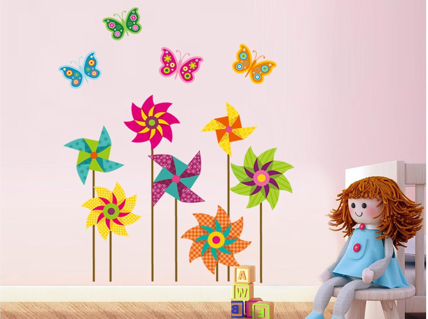 DNVEN 30 inches x 35 inches Windmill Butterflies Removable PVC Flowers Wall Decals Stickers Decor for Girls Rooms Bedroom Nursery size 50x70 jm8326