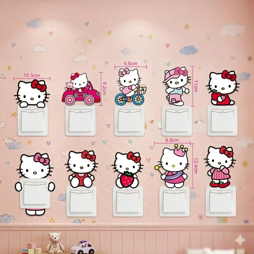 10pcs/set Hello Kitty Light Switch Stickers Wall Sticker Art Home Decor | Cute Hello Kitty Self Adhesive Light Switch Sticker size 30x45 kg3004