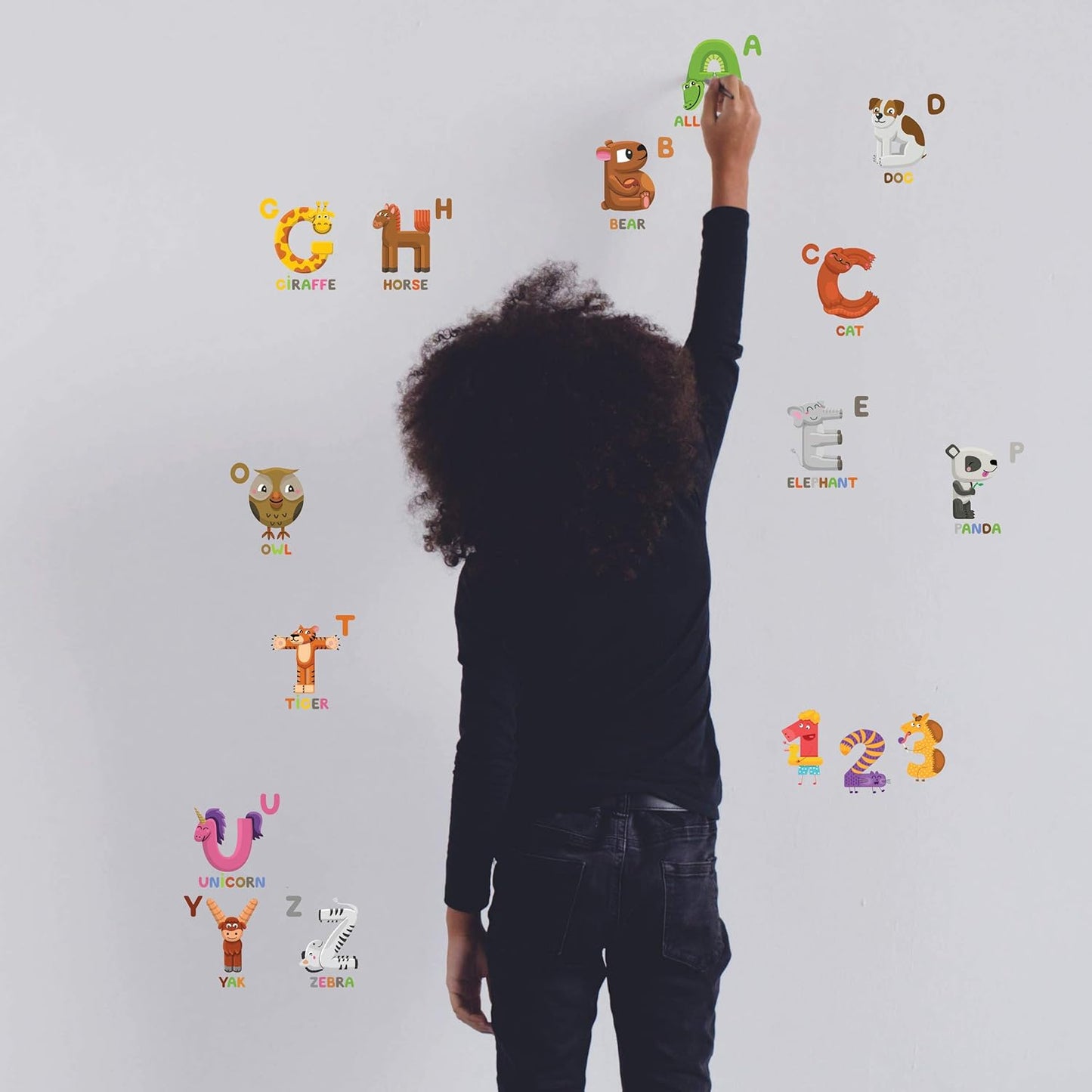 Animal ABC & 123 Adhesive Wall Decals - JesPlay Wall Decor Stickers for Kids & Toddlers Include Alphabet, Letters & Numbers - Removable Wall Decals for Bedroom, Living Room, Nursery, Classroom  30x60cm