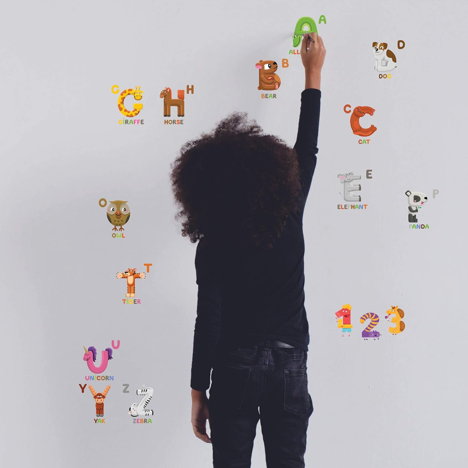 Animal ABC & 123 Adhesive Wall Decals - JesPlay Wall Decor Stickers for Kids & Toddlers Include Alphabet, Letters & Numbers - Removable Wall Decals for Bedroom, Living Room, Nursery, Classroom  30x60cm