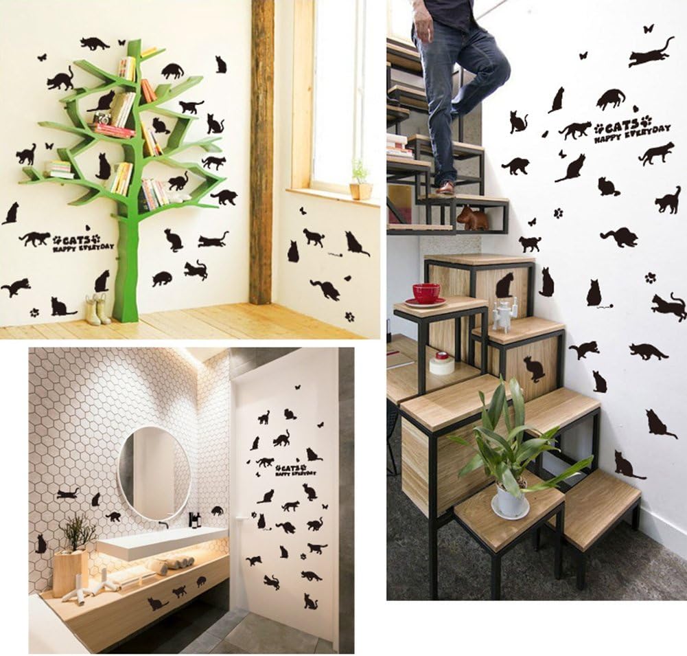 Removable 26 Black Cats and Butterfly Vinyl Wall Arts Paper Easy to Stick Wall Decals for Bedroom and Funiture size 50x70 sk6036