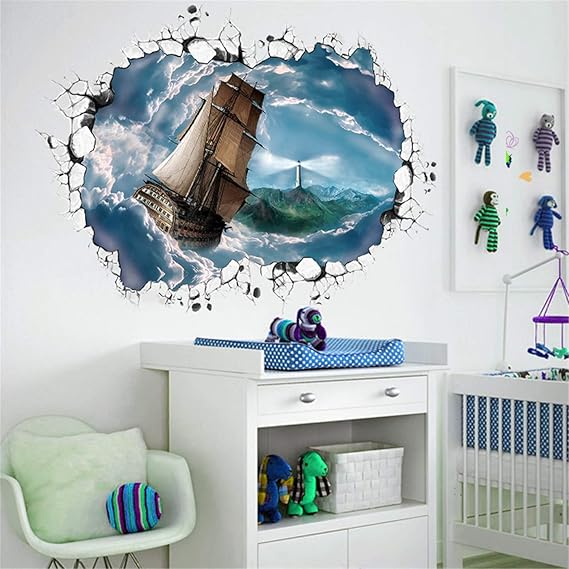Ampire Wall Stickers 3D Ship Sailing in Thunderstorm Sea Creative Self-Adhesive Vinyl size 60x90  xh9290