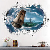 Ampire Wall Stickers 3D Ship Sailing in Thunderstorm Sea Creative Self-Adhesive Vinyl size 60x90  xh9290