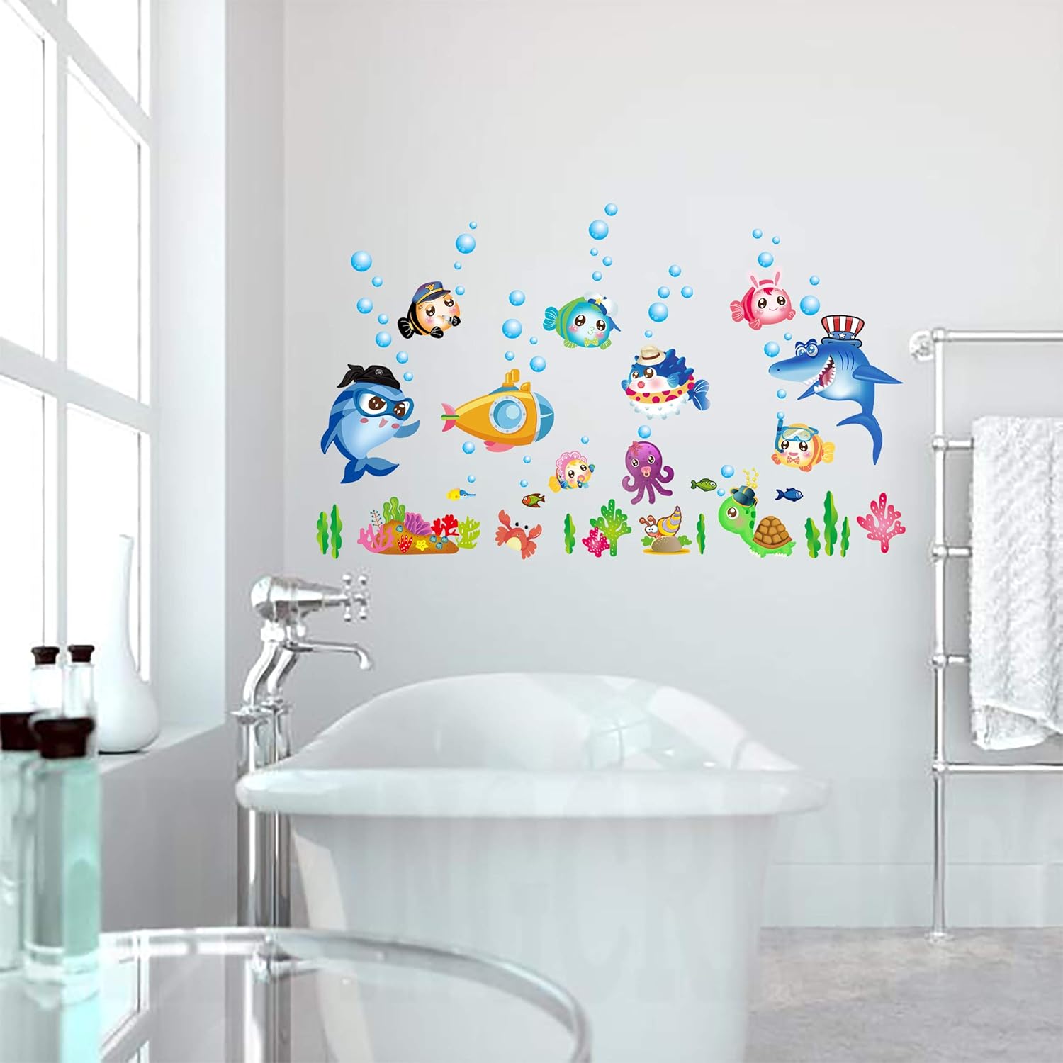 Sk7070 Sticker Ocean Wall Decal for Kids Toddler Baby Shark Turtle Fish bubbles