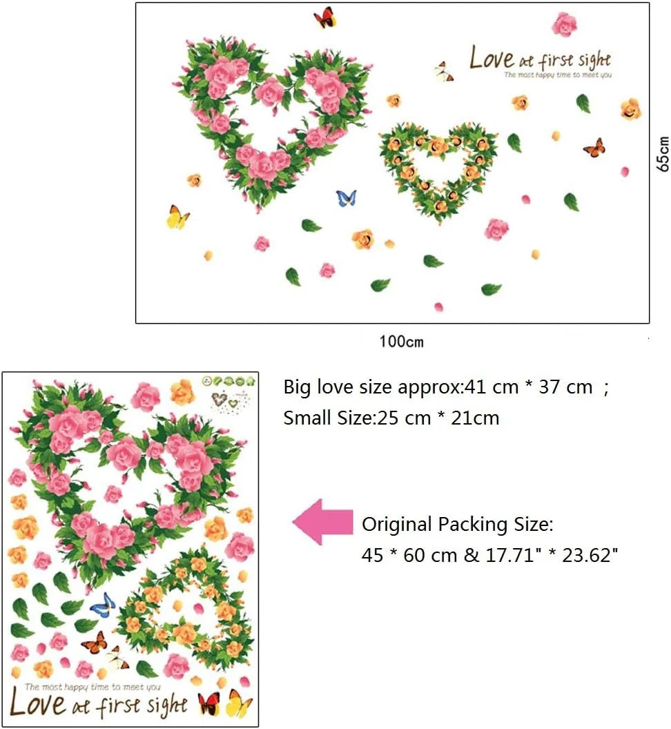 BIBITIME 2 Romantic Flower Hearts Meet "Love at First Sight" Valentines Day Vinyl Quotes Butterfly Lovers Wall Decals Sticker size 45x60 ay6014