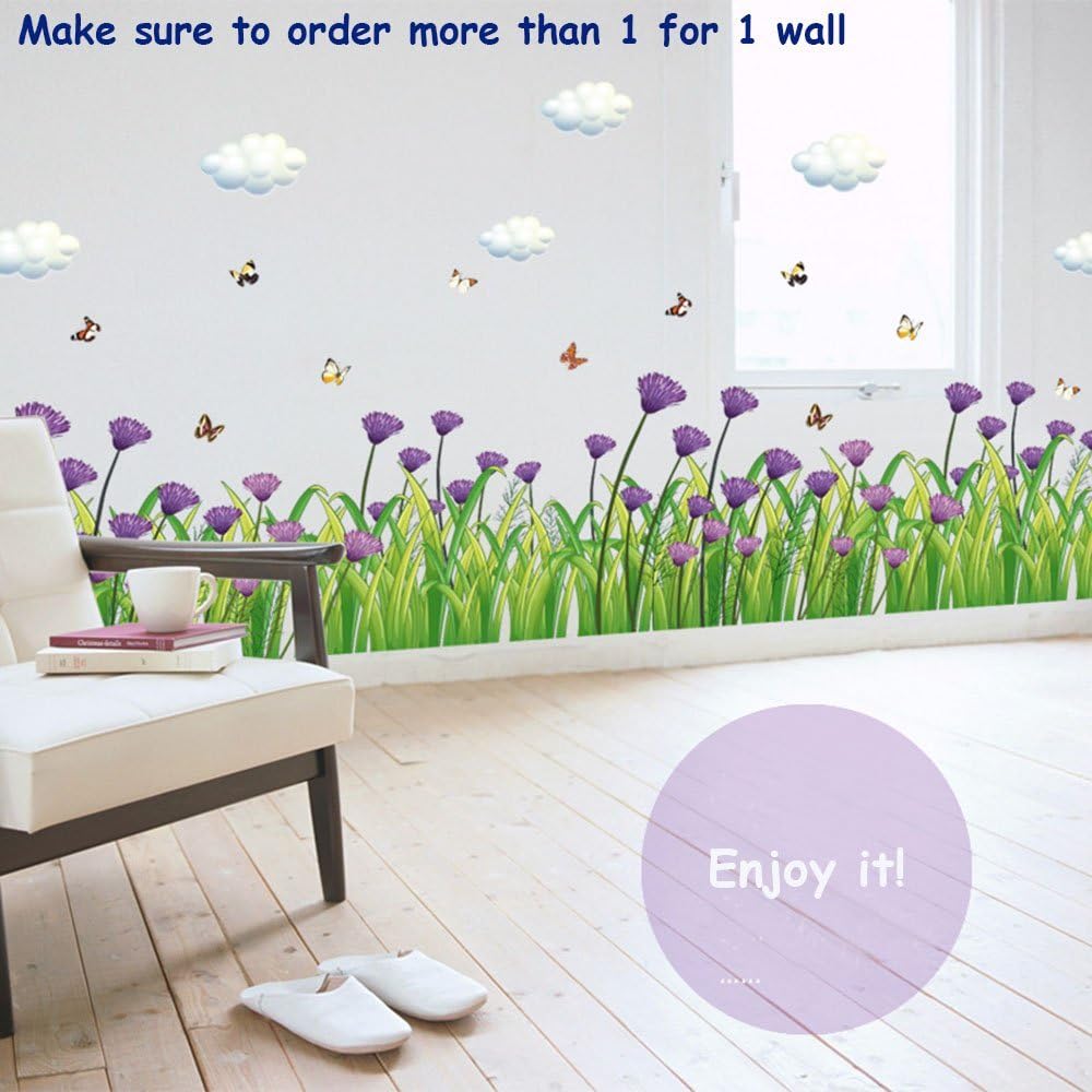 Purple Chrysanthemum Centaurea Flowers Butterflies Baseboard Wall Decals Stickers  size 50x70  sk7005