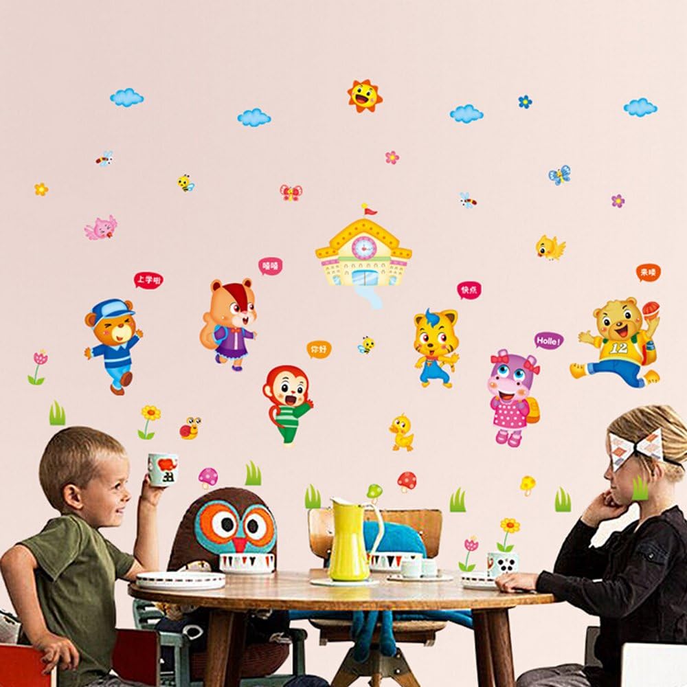 Animal Go to School Wall Stickers Removable Wall Decals Home Decor PVC Art Mural Baby Boys Girls Kids Bedroom Kitchen Decoration Wall Stickers Posters size 50x70 xls7157
