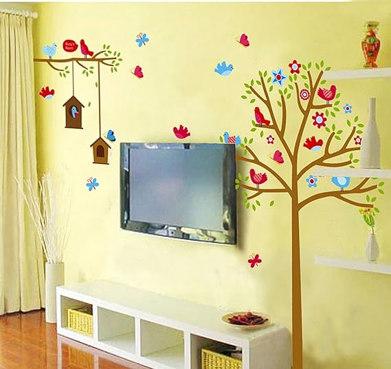 Decals Design 'Sweet Birds and Nest Trees' Wall Sticker (PVC Vinyl, 90 cm x 60 cm), Multicolour