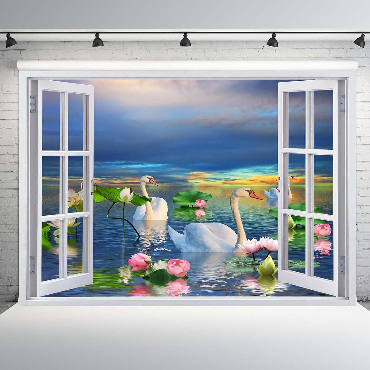 10x8ft Fabric Summer Lotus Lake Window Backdrop Picturesque Swan Lake Lotus Pond Scenery Background Home Wall Decor Photoshoot Studio Props size 50x70 sk7019b