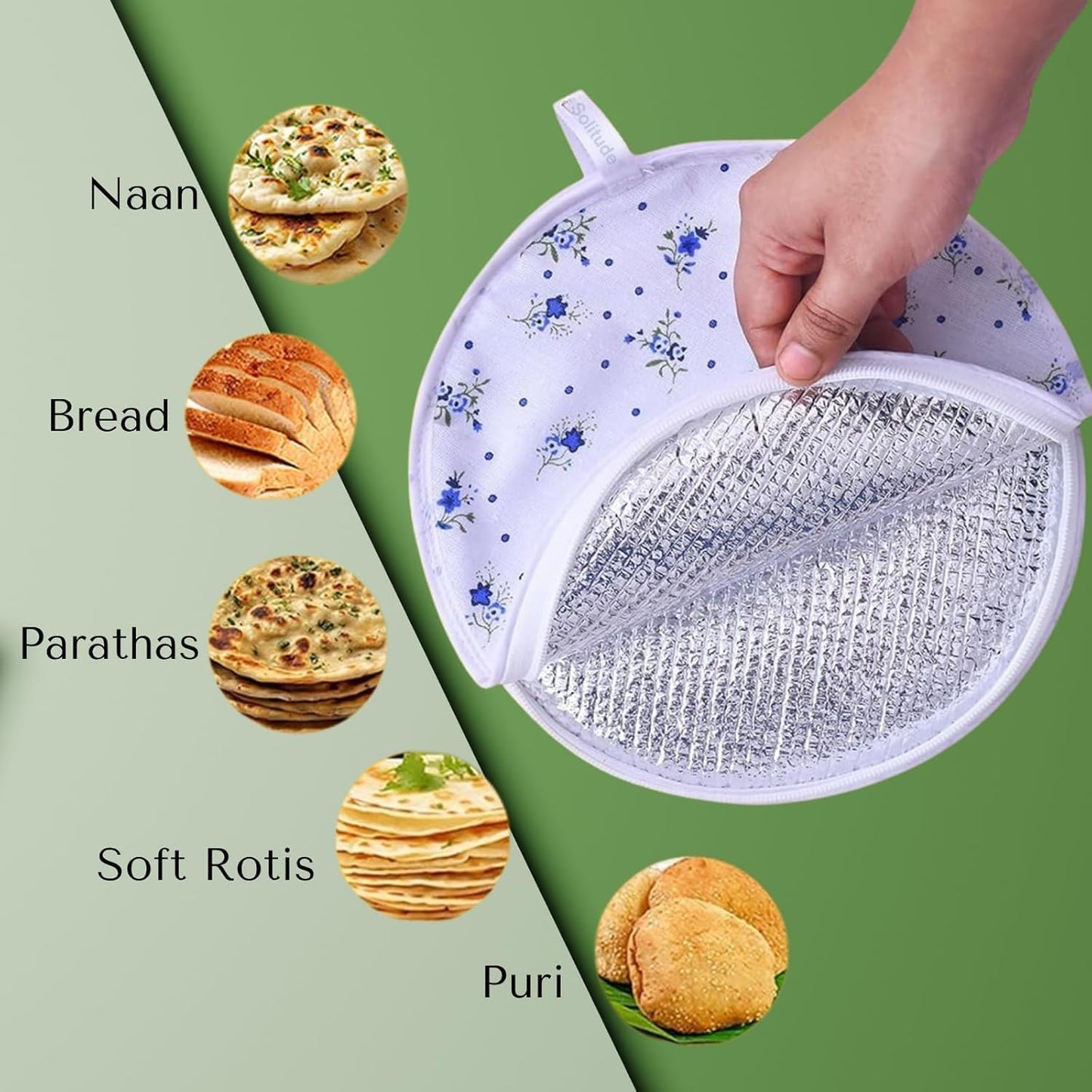 Insulated Large Cotton Roti Cover with Zipper & Handle, Thermal Chapati Storage Bag for Roti, Paratha & Naan