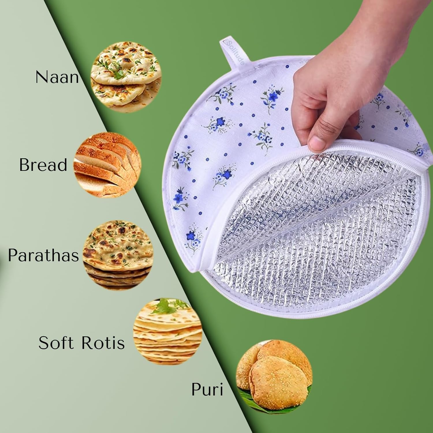 Insulated Large Cotton Roti Cover with Zipper & Handle, Thermal Chapati Storage Bag for Roti, Paratha & Naan