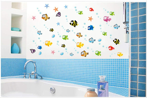 Bathroom Cartoon Wall Sticker Smudged Seaworld Swimming Pool Background Waterproof PVC Wall Sticker Am804 Halibut