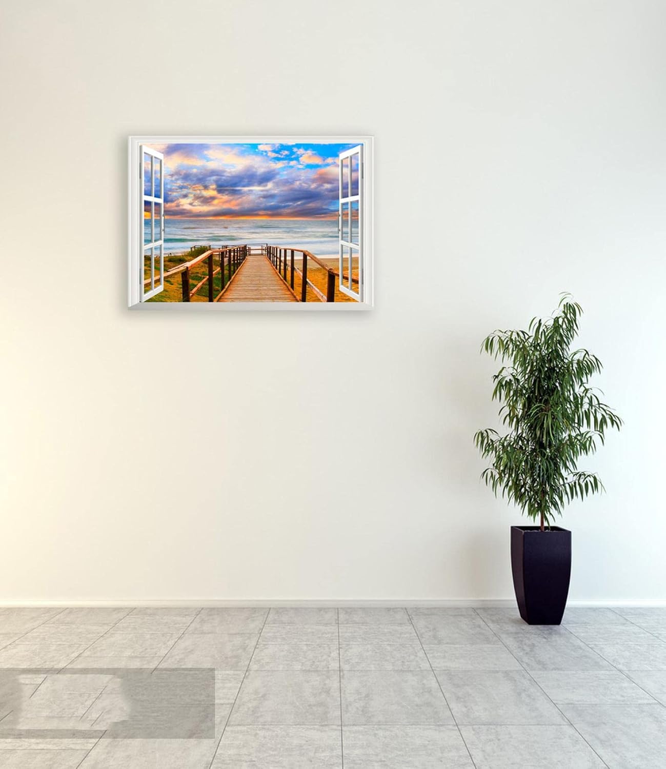 GEILEX Modern Seascape Painting. Seaside Nature Landscape Painting. Beach Wooden Bridge Canvas Wall Art Poster. Window View Home Decor Picture. 50x70cm ncs0023