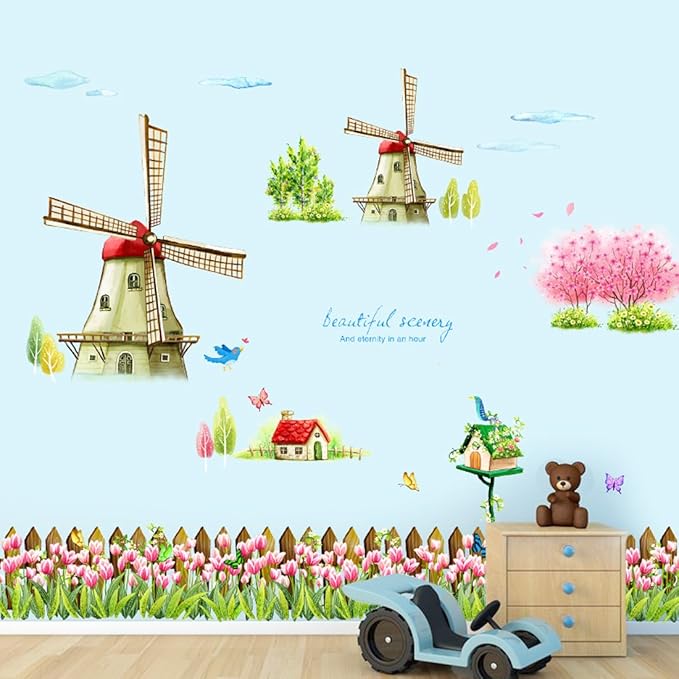 Decorative wall decal, Dutch windmill design, tulip flowers, butterflies, birds and birds size 60x90  xh1110c