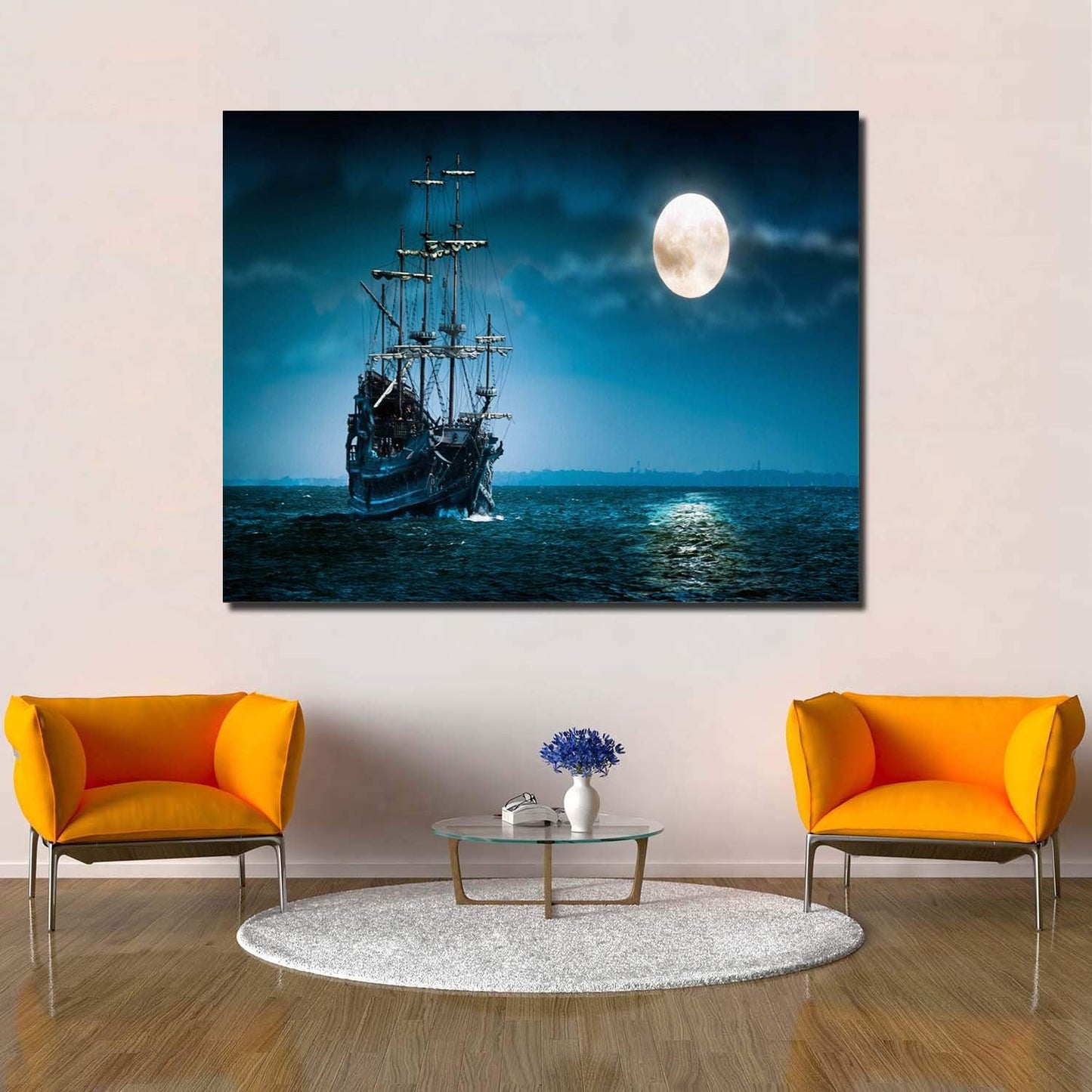 Canvas Wall Art - Night Boat Sailing Marine Moon Pictures - Modern Gallery Wall Decor Giclee Print Stretched and Framed Ready to Han size 70x100 ay8012xl