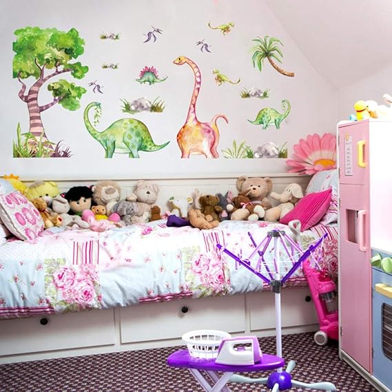 WandSticker4U® - Watercolour wall stickers for children DINOSAURES (126 x 61 cm) I decorative stickers animals tree colourful I wall sticker for children's room baby boy boy nursery decoration  size 60x90  hm92028
