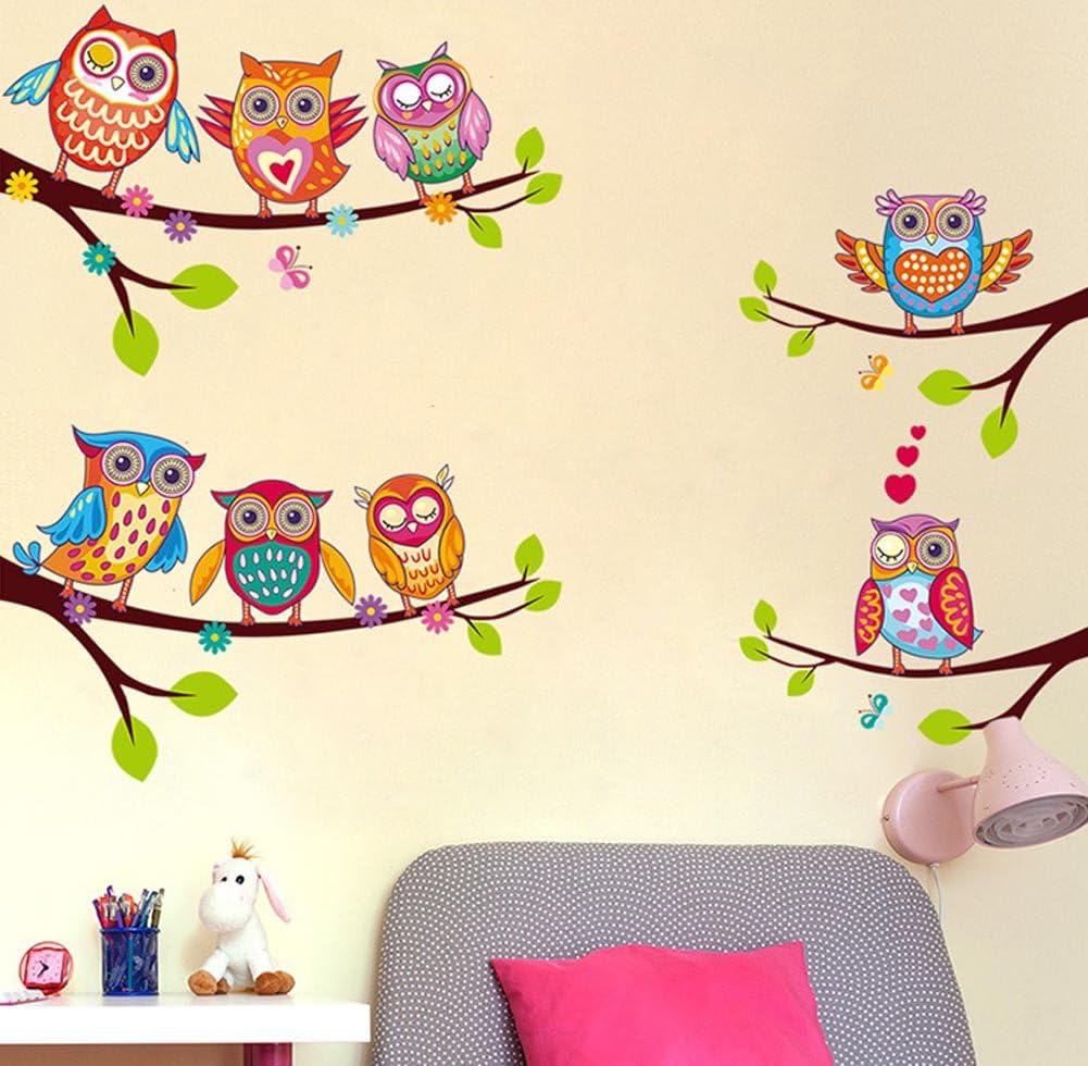 BIBITIME 4 Tree Branches 8 Owls Wall Decal Animal Flower Butterflies Decor Sticker for Living Room Nursery Children Boys Girls Bedroom Kids Room Decor DIY Home Art Mural size 45x60 xh6226