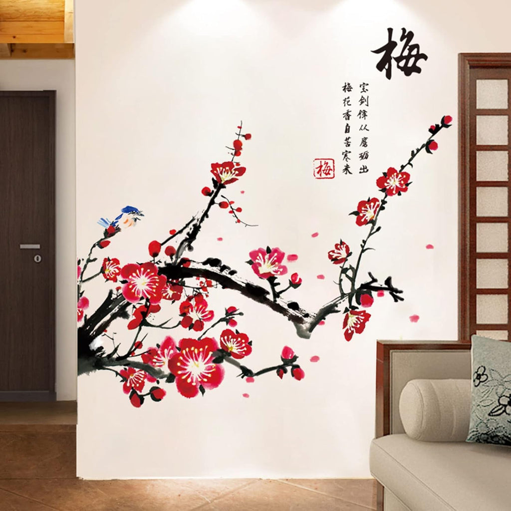 Plum Blossom and Red Flower Tree DIY Removable Wall Sticker for Bedroom Living Room Office