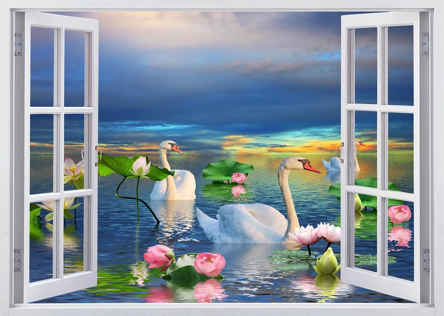 10x8ft Fabric Summer Lotus Lake Window Backdrop Picturesque Swan Lake Lotus Pond Scenery Background Home Wall Decor Photoshoot Studio Props size 50x70 sk7019b