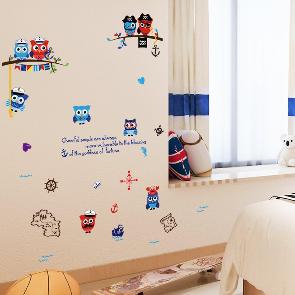 Wallpark Cartoon Cute Pirate Owl Sea Sailboat Map Removable Wall Sticker Decal, Children Kids Baby Home Room Nursery DIY Decorative Adhesive Art Wall Mural size 50x70 sk7103