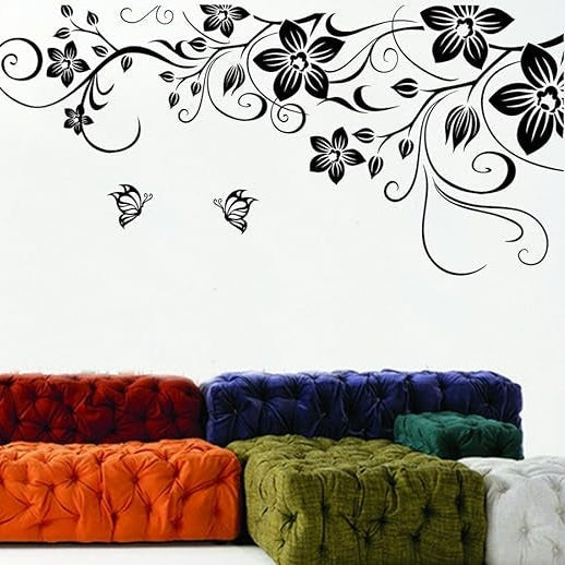 jm7107AB Removable Vinyl Diy Black Nursery Flowers Vine and Beautiful Butterfly Wall Corner Decals Wall Sticker