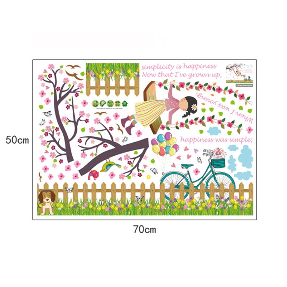 Swing Girl Baseboard Flowers Tree Birds Butterflies Wall Decal Home Sticker PVC Murals Paper House Decoration Wallpaper Living Room Bedroom Art Picture for Kids Teen Senior Adult Baby size 50x70 sk7051