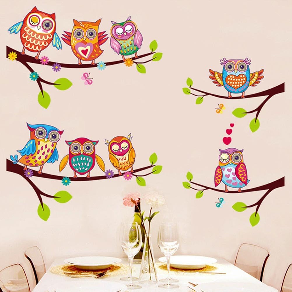 BIBITIME 4 Tree Branches 8 Owls Wall Decal Animal Flower Butterflies Decor Sticker for Living Room Nursery Children Boys Girls Bedroom Kids Room Decor DIY Home Art Mural size 45x60 xh6226