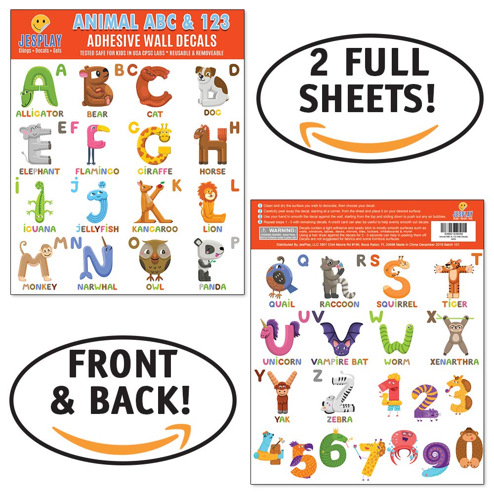 Animal ABC & 123 Adhesive Wall Decals - JesPlay Wall Decor Stickers for Kids & Toddlers Include Alphabet, Letters & Numbers - Removable Wall Decals for Bedroom, Living Room, Nursery, Classroom  30x60cm