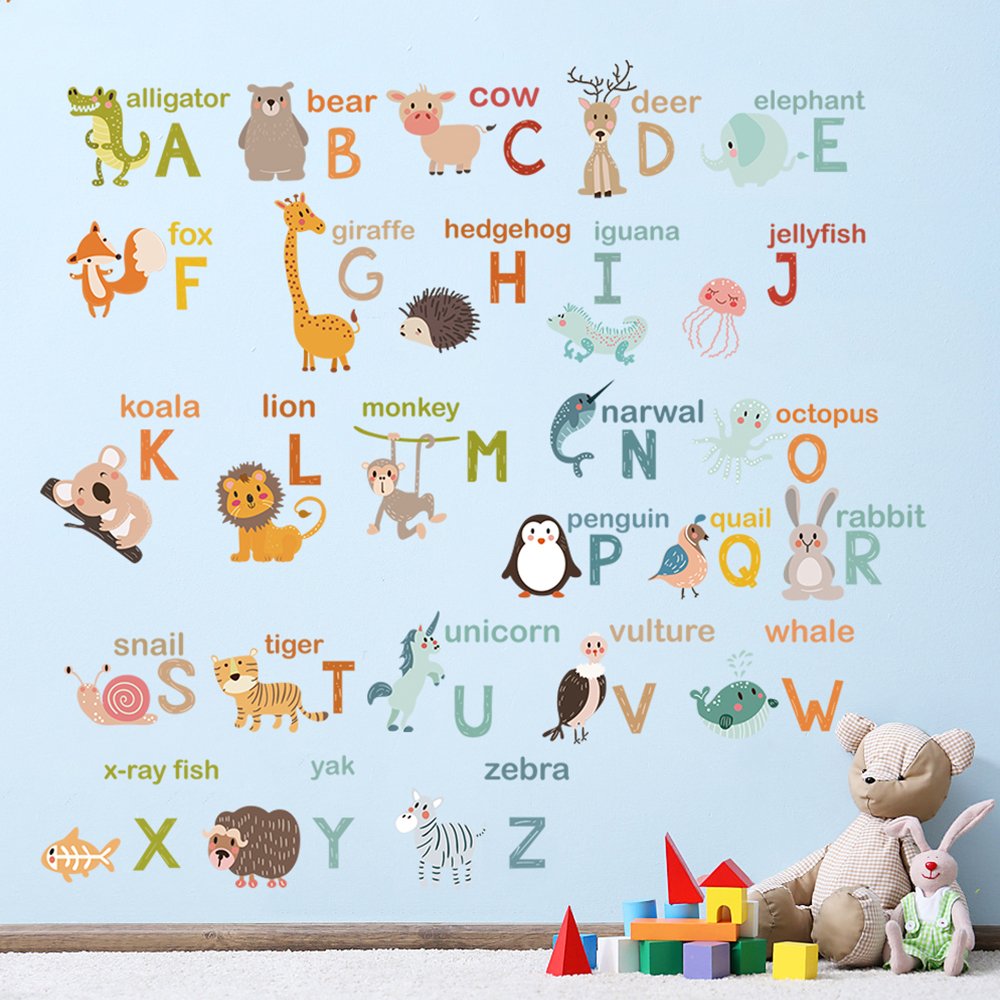 decalmile Alphabet ABC and Animals Wall Decals Classroom Kids Room Wall Decor Removable Wall stickers for Kids Bedroom Nursery Baby Room  size 60x90 dm0224-3