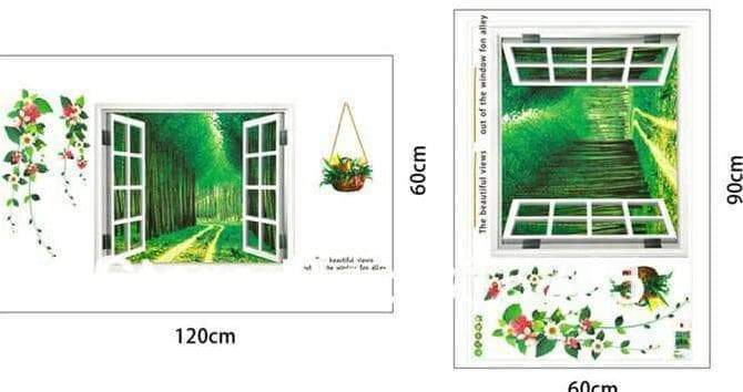 AY914 Lifelike Valley Window Wall Sticker Quality 90*60cm PVC Removable Beautiful Views Decal Vivid Green Forest Wall art Mural
