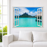 Sea View Fake Window Art Mural Palm Tree 3d Vinyl Wall Stickers Home Decoration Blue Sky Clear Water Scenery Wallpaper size 50x70 ncs14130