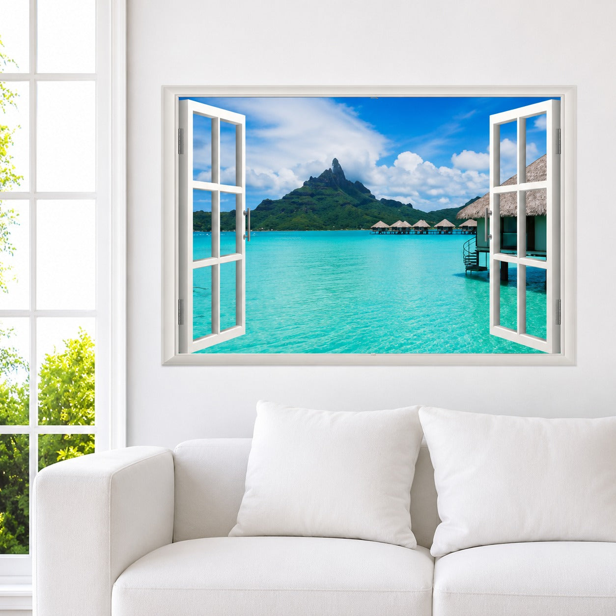 Sea View Fake Window Art Mural Palm Tree 3d Vinyl Wall Stickers Home Decoration Blue Sky Clear Water Scenery Wallpaper size 50x70 ncs14130