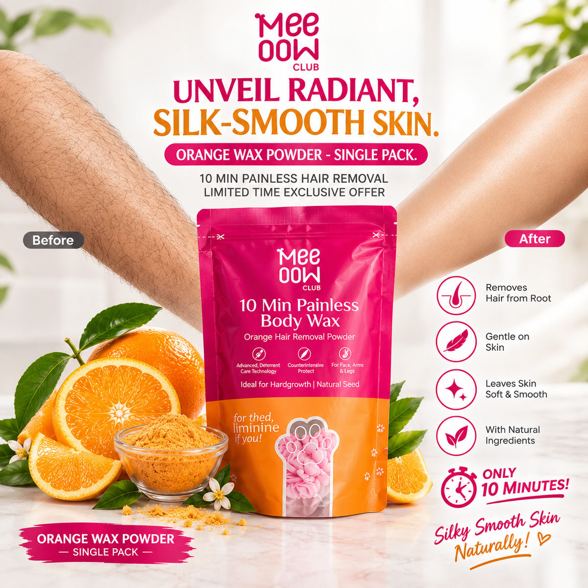 Meow Club 10 Min Painless Body Wax Orange Hair Removal Powder for Women