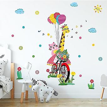 Home decor decals cartoon giraffe bicycle wall stickers bedroom home..