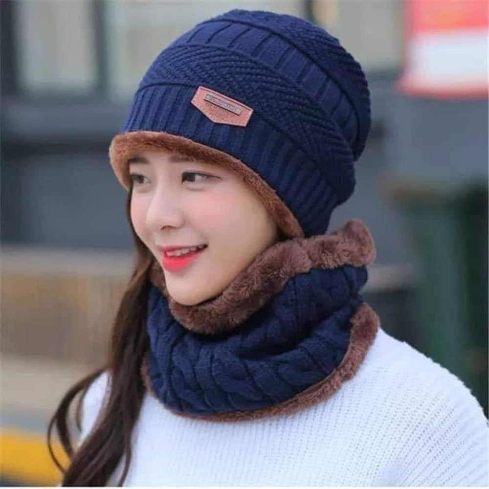 Wool Cap With Neck Warmer | Beanie And Scarf Set | Winter Thermal Wool Cap For Men And Women (Random Color)