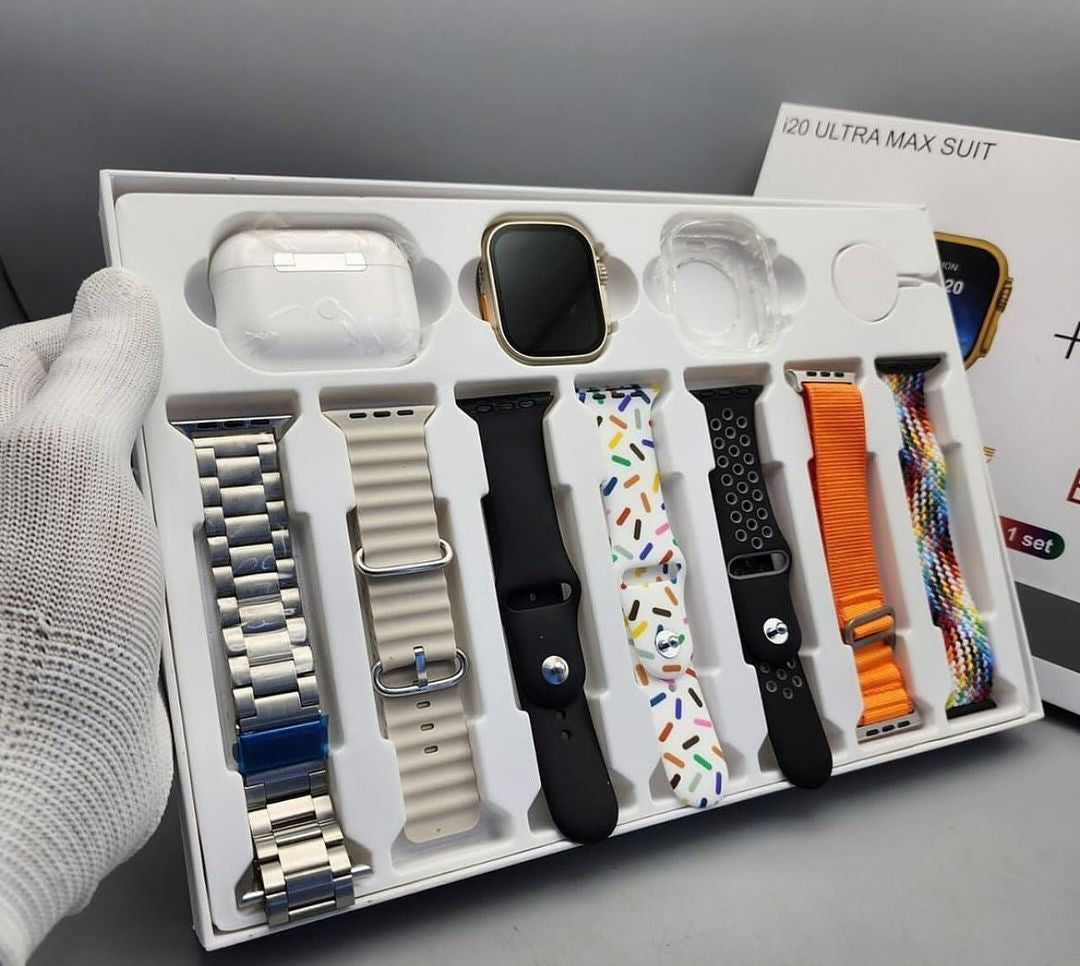 I20 Ultra Max suit Smart Watch 10 in 1 box 2.3inch large screen with 7 strips smartwatch With Airpords2 (random color)