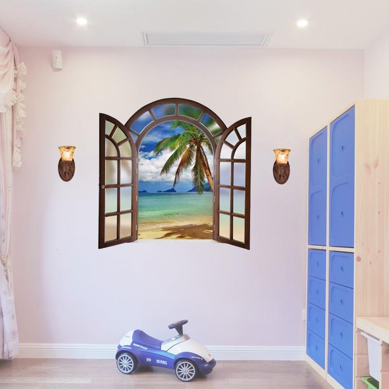 3D Wall Sticker SK9062B Fake Window Blue Sea View European Style Bedroom Living Room Entrance Decoration Self-adhesive Wall Sticker