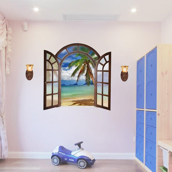 3D Wall Sticker SK9062B Fake Window Blue Sea View European Style Bedroom Living Room Entrance Decoration Self-adhesive Wall Sticker