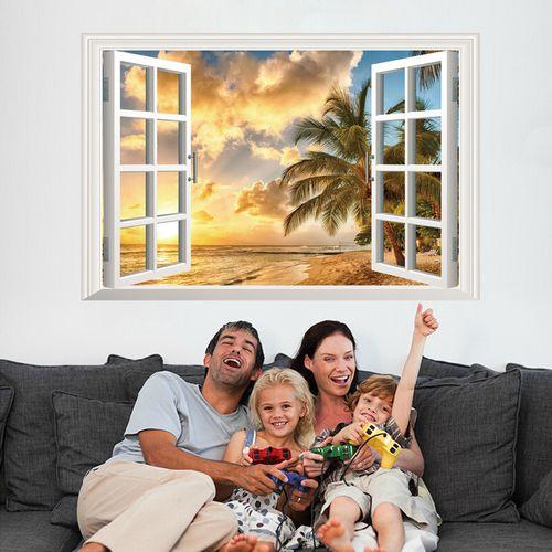 3D wall background wall stickers XL8022B sunset under the beach fake windows wall stickers 3D Sticker