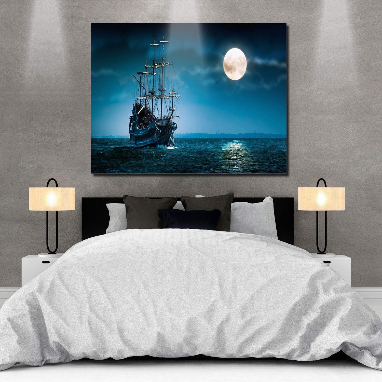Canvas Wall Art - Night Boat Sailing Marine Moon Pictures - Modern Gallery Wall Decor Giclee Print Stretched and Framed Ready to Han size 70x100 ay8012xl