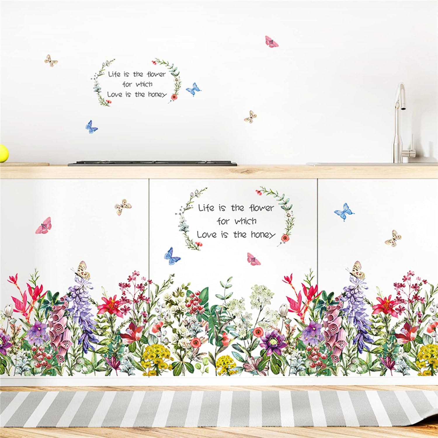 Flower Wall Decals Green Leaves Butterfly Wall Stickers Living Room Bedroom Sofa TV Background Wall Art Decor Murals (Flower Butterfly) size 50x120 ht9013